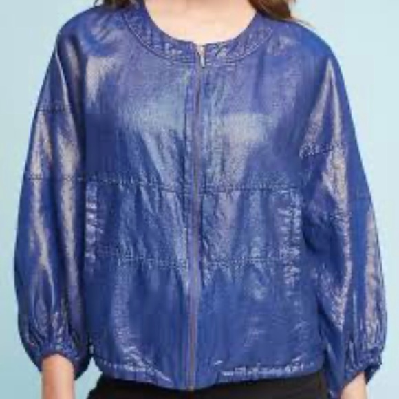 Anthropologie Elevenses Raquel Blue Bubble Jacket Batwing Linen Blend Size M/L - Picture 11 of 13